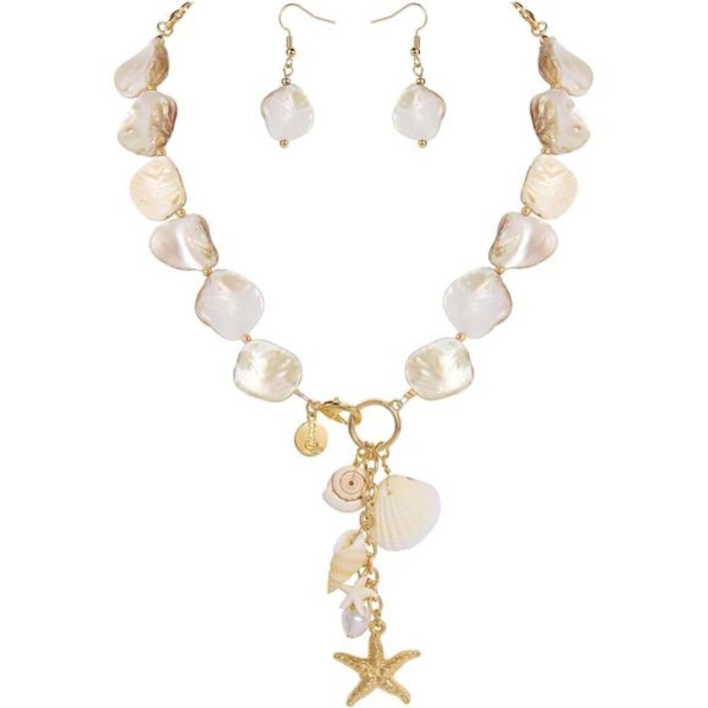 Boho Seashell and Pearl Beaded Necklace and Earrings Set – Beach Charm Jewelry